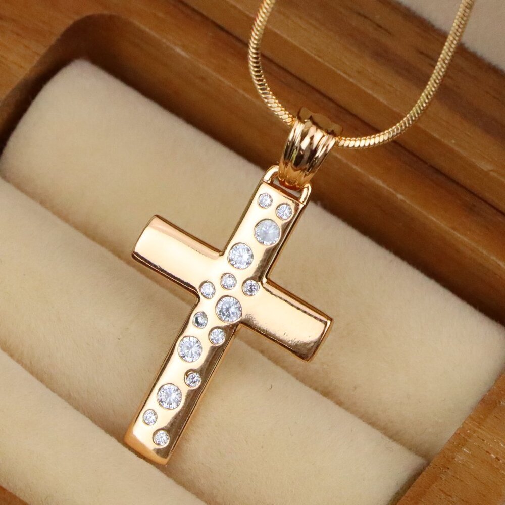 "Rose Gold Cross Pendant with White Stones in Vertical Pattern Design, XPPT1605